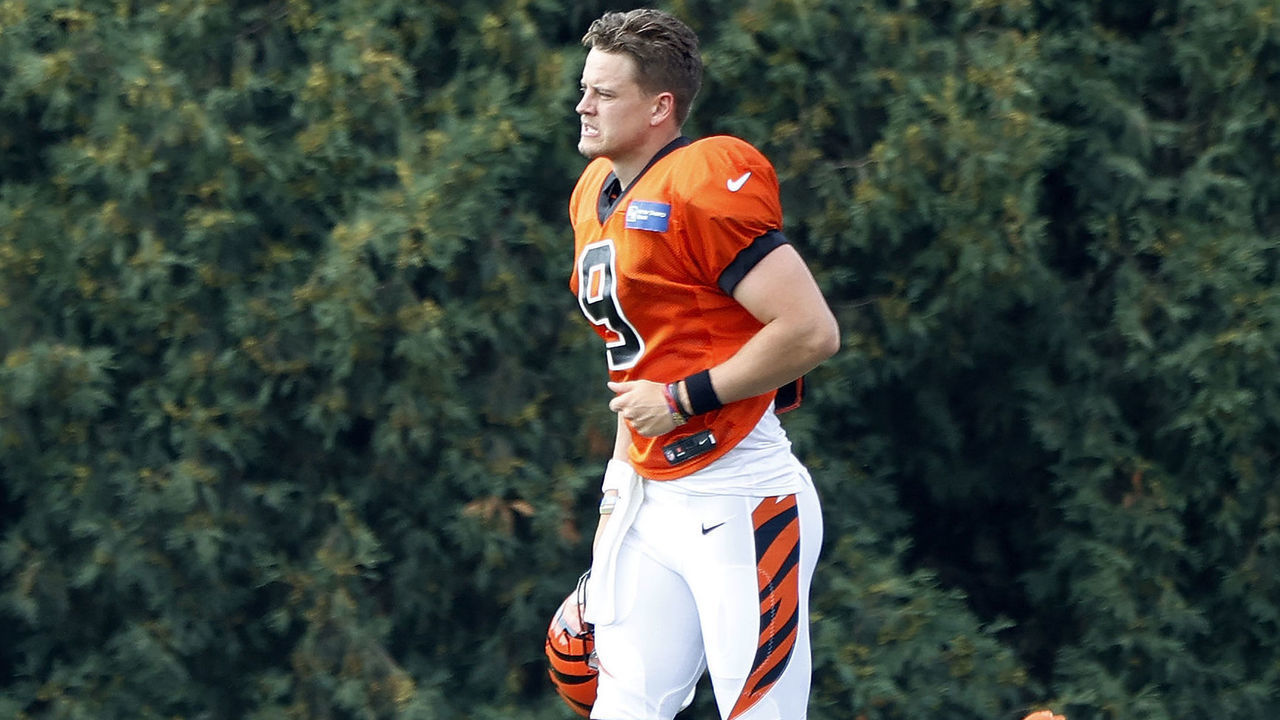 CINCINNATI, OH - AUGUST 24: Joe Burrow #9 of the Cincinnati Bengals jogs prior to training camp workouts at the practice field outside Paul Brown Stadium on August 24, 2020 in Cincinnati, Ohio.