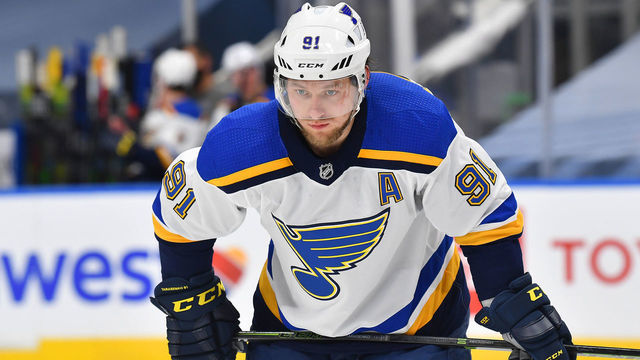 EDMONTON, ALBERTA - JULY 29: Vladimir Tarasenko #91 of the St. Louis Blues looks on during the second period of an exhibition game against the Chicago Blackhawks prior to the 2020 NHL Stanley Cup Playoffs at Rogers Place on July 29, 2020 in Edmonton, Alberta.