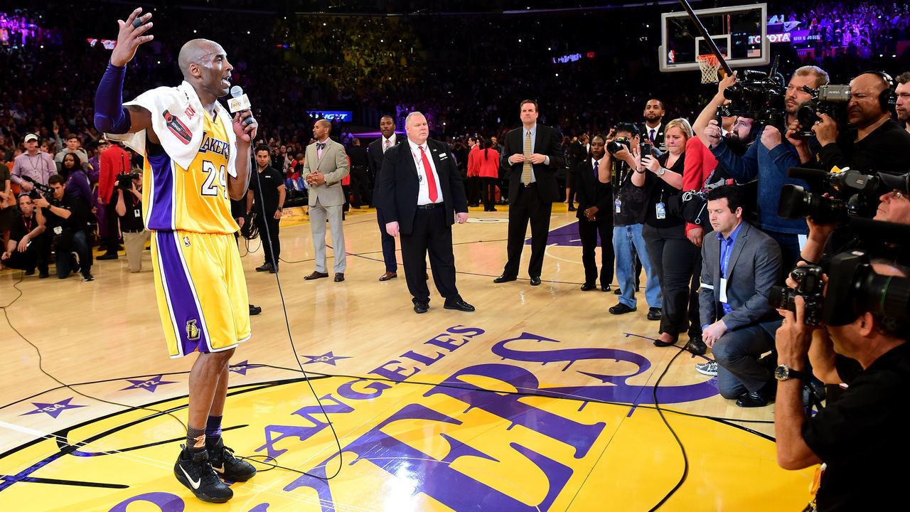 LOS ANGELES, CA - APRIL 13: Kobe Bryant #24 of the Los Angeles Lakers addresses the crowd after scoring 60 points in his final NBA game at Staples Center on April 13, 2016 in Los Angeles, California. The Lakers defeated the Utah Jazz 101-96.
