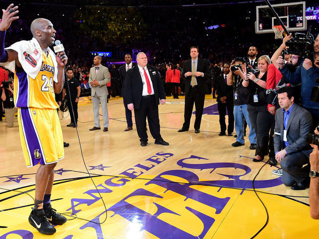 LOS ANGELES, CA - APRIL 13: Kobe Bryant #24 of the Los Angeles Lakers addresses the crowd after scoring 60 points in his final NBA game at Staples Center on April 13, 2016 in Los Angeles, California. The Lakers defeated the Utah Jazz 101-96.
