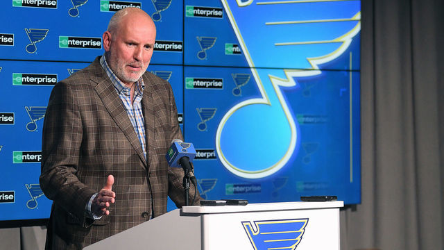 ST. LOUIS, MO - FEBRUARY 18: St.Louis Blues general manager Doug Armstrong holds a press conference to provide details on a trade that brought defenseman Marco Scandella from the Montreal Canadiens before an NHL game between the New Jersey Devils and the St. Louis Blues, on February 18, 2020, at Enterprise Center, St. Louis, MO. Photo by Keith Gillett/Icon Sportswire via Getty Images)