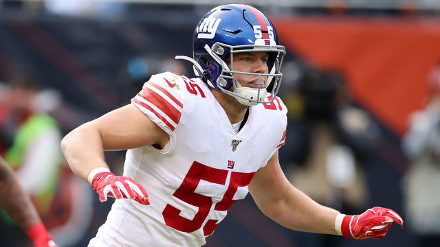 CHICAGO, IL - NOVEMBER 24: David Mayo #55 of the New York Giants in action during the game against the Chicago Bears at Soldier Field on November 24, 2019 in Chicago Illinois. The Bears defeated the Giants 19-14.