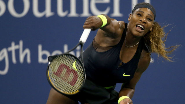 NEW YORK, NEW YORK - AUGUST 25: Serena Williams serves to Maria Sakkari of Greece during the Western & Southern Open at the USTA Billie Jean King National Tennis Center on August 25, 2020 in the Queens borough of New York City.