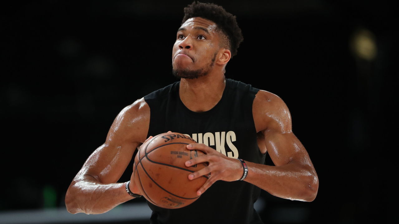 ORLANDO, FL - AUGUST 26: Giannis Antetokounmpo #34 of the Milwaukee Bucks warms up before the game during Round One, Game Five of the NBA Playoffs on August 26, 2020 at AdventHealth Arena in Orlando, Florida. NOTE TO USER: User expressly acknowledges and agrees that, by downloading and/or using this Photograph, user is consenting to the terms and conditions of the Getty Images License Agreement. Mandatory Copyright Notice: Copyright 2020 NBAE