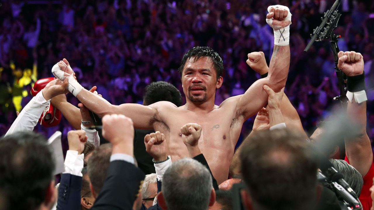 LAS VEGAS, NEVADA - JULY 20: Manny Pacquiao celebrates his split decision victory over Keith Thurman in their WBA welterweight title fight at MGM Grand Garden Arena on July 20, 2019 in Las Vegas, Nevada.