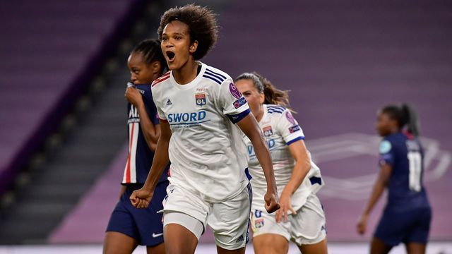 Lyon's French defender Wendie Renard celebrates after scoring a goal during the UEFA Women's Champions League semi-final football match between Paris Saint-Germain and Lyon at the San Mames stadium in Bilbao on August 26, 2020.