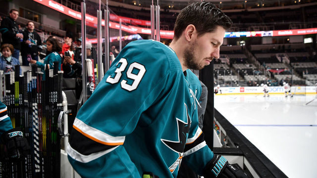 SAN JOSE, CA - MARCH 7: Logan Couture #39 of the San Jose Sharks takes the ice for warmups against the Ottawa Senators at SAP Center on March 7, 2020 in San Jose, California.