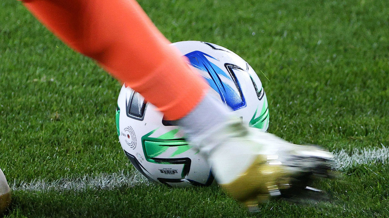 HARRISON, NJ - AUGUST 20: A general view of a close up of New York Red Bulls goalkeeper Ryan Meara (18) foot approaches the ball down field during the second half of the Major League Soccer game New York Red Bulls and the New York City on August 20,2020 at Red Bull Arena in Harrison, NJ.
