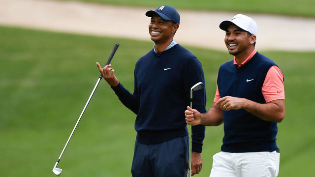 CHIBA, JAPAN - OCTOBER 21: Tiger Woods and Jason Day of Australia stand and laugh together during the MGM Resorts The Challenge: Japan Skins at Accordia Golf Narashino Country Club on October 21, 2019 in Chiba, Japan.