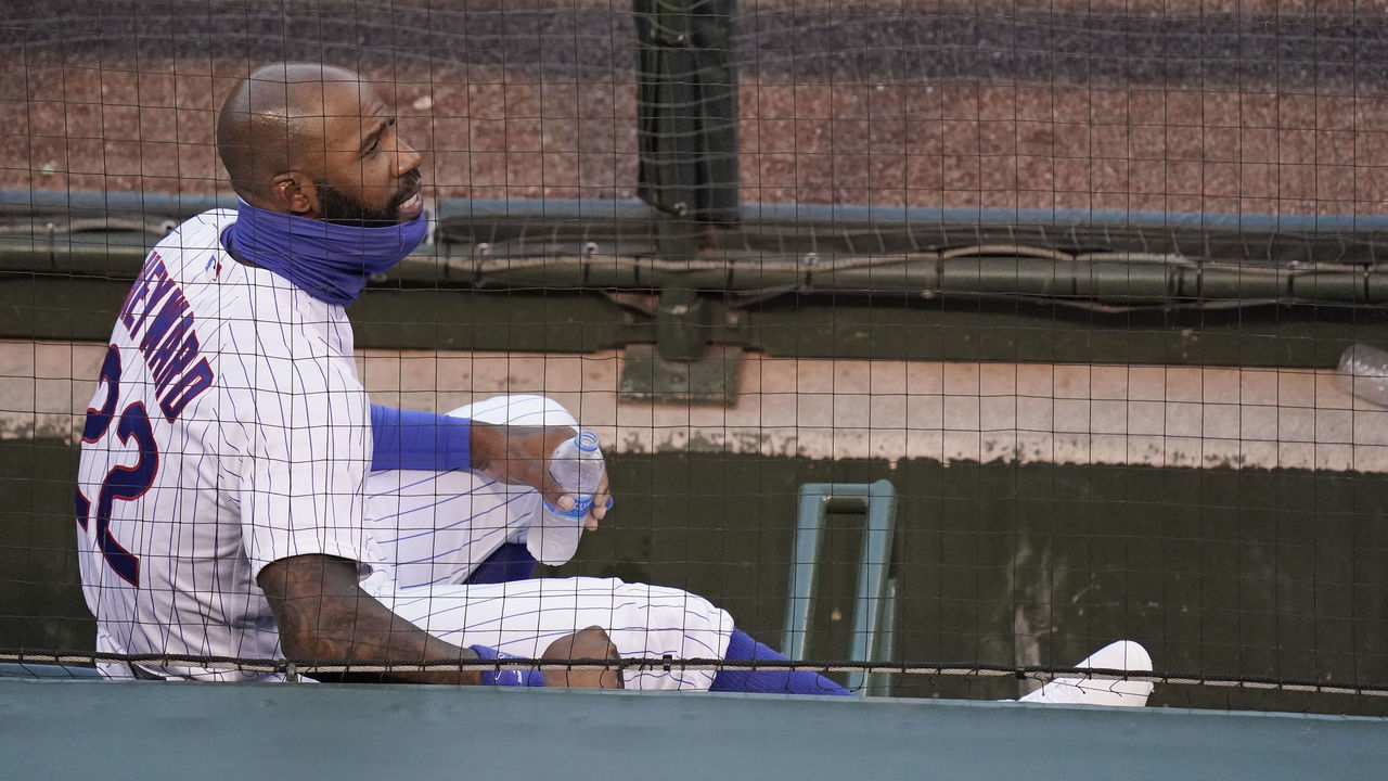 CHICAGO, ILLINOIS - AUGUST 17: Jason Heyward #22 of the Chicago Cubs sits in the dugout during Game Two of a doubleheader against the St. Louis Cardinals at Wrigley Field on August 17, 2020 in Chicago, Illinois.
