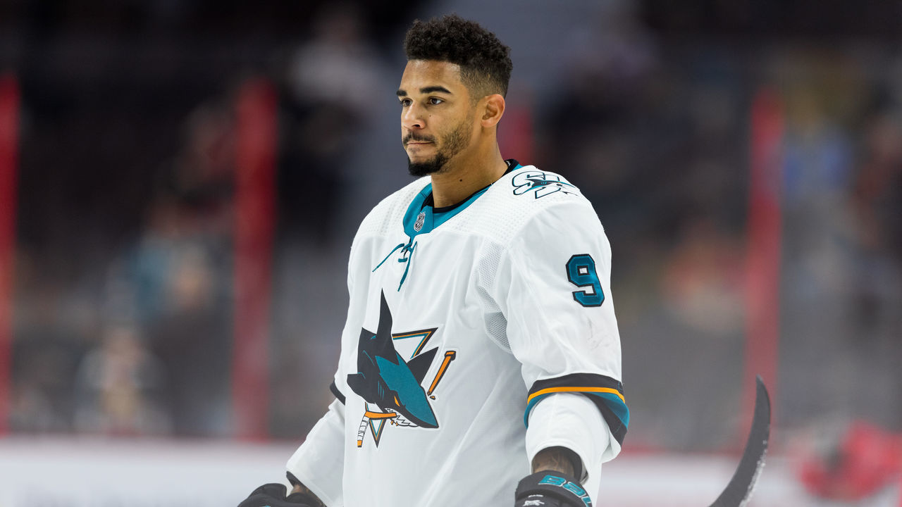 OTTAWA, ON - OCTOBER 27: San Jose Sharks left wing Evander Kane (9) during warm-up before National Hockey League action between the San Jose Sharks and Ottawa Senators on October 27, 2019, at Canadian Tire Centre in Ottawa, ON, Canada.