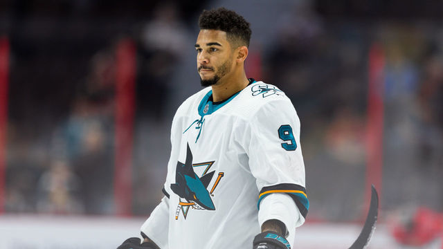 OTTAWA, ON - OCTOBER 27: San Jose Sharks left wing Evander Kane (9) during warm-up before National Hockey League action between the San Jose Sharks and Ottawa Senators on October 27, 2019, at Canadian Tire Centre in Ottawa, ON, Canada.