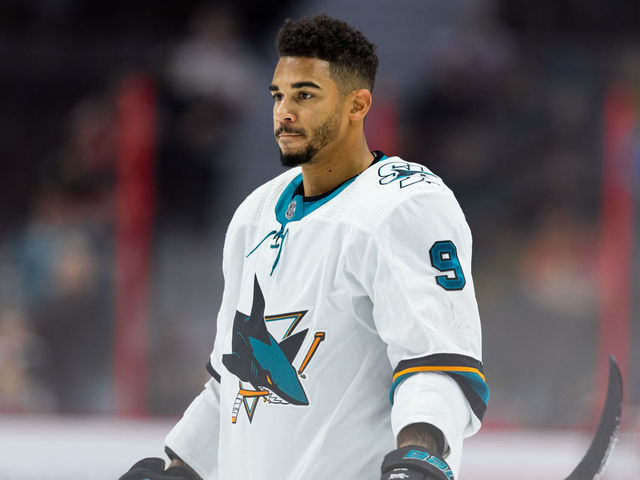 OTTAWA, ON - OCTOBER 27: San Jose Sharks left wing Evander Kane (9) during warm-up before National Hockey League action between the San Jose Sharks and Ottawa Senators on October 27, 2019, at Canadian Tire Centre in Ottawa, ON, Canada.