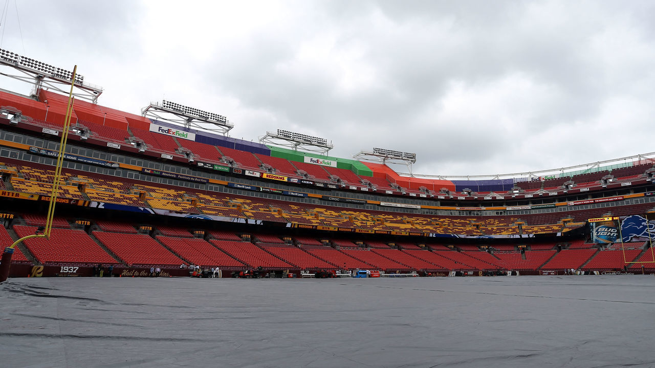 LANDOVER, MD - AUGUST 20: A tarp covers the field prior to the start of a preseason game between the Detroit Lions and the Washington Redskins at FedEx Field on August 20, 2015 in Landover, Maryland.