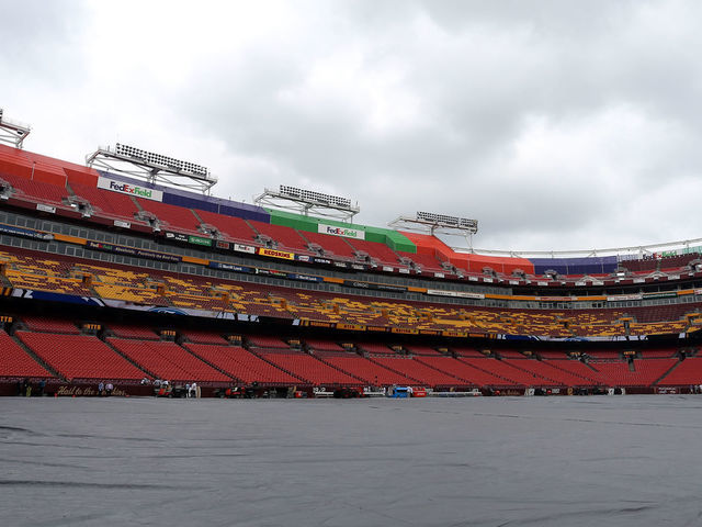 LANDOVER, MD - AUGUST 20: A tarp covers the field prior to the start of a preseason game between the Detroit Lions and the Washington Redskins at FedEx Field on August 20, 2015 in Landover, Maryland.