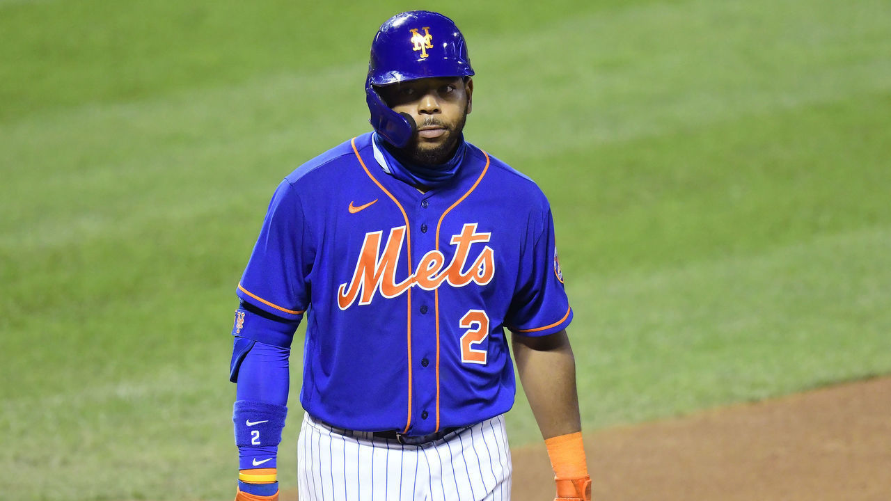 NEW YORK, NEW YORK - AUGUST 11: Dominic Smith #2 of the New York Mets reacts against the Washington Nationals at Citi Field on August 11, 2020 in New York City.