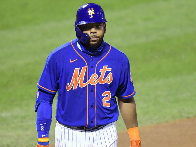 NEW YORK, NEW YORK - AUGUST 11: Dominic Smith #2 of the New York Mets reacts against the Washington Nationals at Citi Field on August 11, 2020 in New York City.
