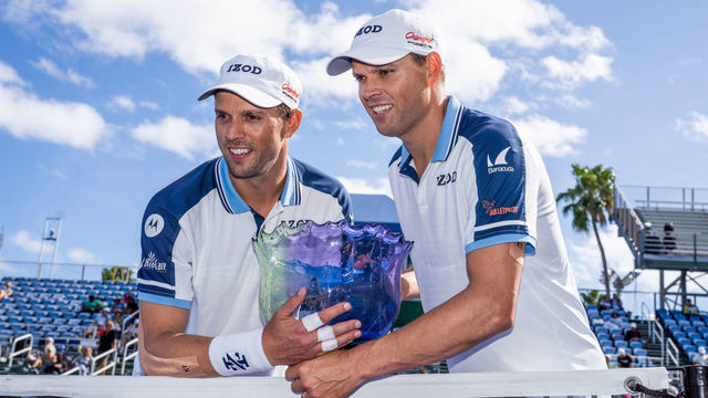 DELRAY BEACH, FL - FEBRUARY 23: Bob Bryan (USA) and Mike Bryan (USA) during the Doubles Finals trophy presentation of the ATP Delray Beach Open on February 23, 2020, at the Delray Beach Stadium & Tennis Center in Delray Beach, FL.