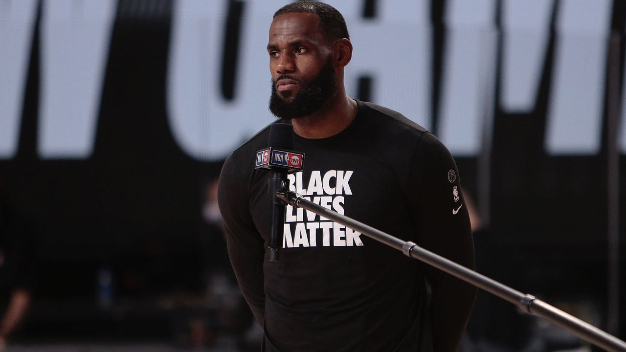 ORLANDO, FL - AUGUST 24: LeBron James #23 of the Los Angeles Lakers speaks to Jared Greenberg of TNT after the game against the Portland Trail Blazers for Game four of the first round of the 2020 Playoffs as part of the NBA Restart 2020 on August 24, 2020 at AdventHealth Arena at ESPN Wide World of Sports Complex in Orlando, Florida. NOTE TO USER: User expressly acknowledges and agrees that, by downloading and/or using this photograph, user is consenting to the terms and conditions of the Getty Images License Agreement. Mandatory Copyright Notice: Copyright 2020 NBAE