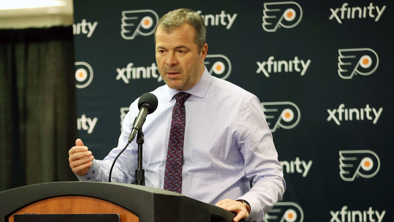 PHILADELPHIA, PA - MARCH 05: Head Coach of the Philadelphia Flyers Alain Vigneault speaks to the media after defeating the Carolina Hurricanes 4-1 on March 5, 2020 at the Wells Fargo Center in Philadelphia, Pennsylvania.