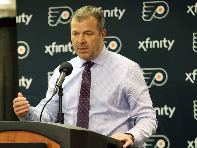 PHILADELPHIA, PA - MARCH 05: Head Coach of the Philadelphia Flyers Alain Vigneault speaks to the media after defeating the Carolina Hurricanes 4-1 on March 5, 2020 at the Wells Fargo Center in Philadelphia, Pennsylvania.