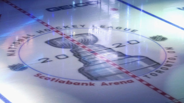 TORONTO, ONTARIO - JULY 29: A general view of the in ice logos prior to the exhibition game between the Colorado Avalanche and the Minnesota Wild before the 2020 NHL Stanley Cup Playoffs at Scotiabank Arena on July 29, 2020 in Toronto, Ontario, Canada.