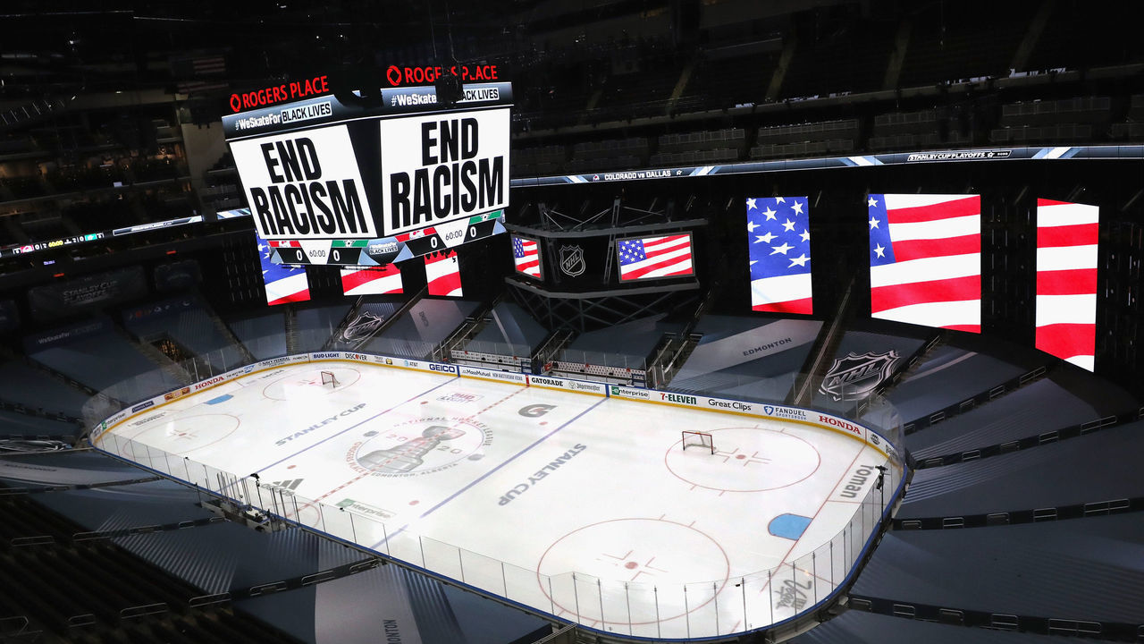 EDMONTON, ALBERTA - AUGUST 26: "End Racism" is displayed on the scoreboard in light of the recent events in Kenosha, Wisconsin, in regards to the shooting of Jacob Blake, prior to Game Three of the Western Conference Second Round during the 2020 NHL Stanley Cup Playoffs at Rogers Place on August 26, 2020 in Edmonton, Alberta.