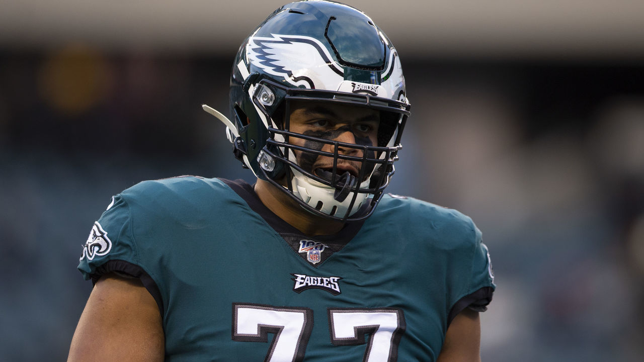 PHILADELPHIA, PA - JANUARY 05: Andre Dillard #77 of the Philadelphia Eagles looks on prior to the NFC Wild Card game against the Seattle Seahawks at Lincoln Financial Field on January 5, 2020 in Philadelphia, Pennsylvania.