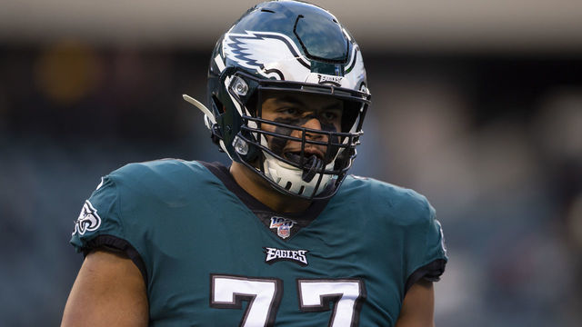 PHILADELPHIA, PA - JANUARY 05: Andre Dillard #77 of the Philadelphia Eagles looks on prior to the NFC Wild Card game against the Seattle Seahawks at Lincoln Financial Field on January 5, 2020 in Philadelphia, Pennsylvania.