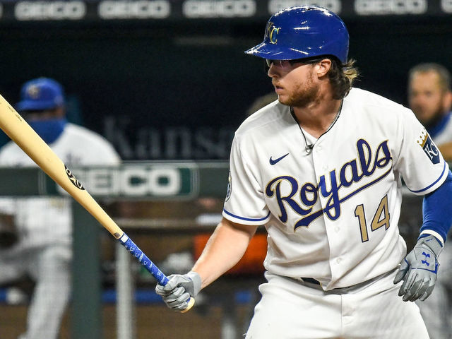 KANSAS CITY, MO - AUGUST 07: Kansas City Royals outfielder Brett Phillips (14) at the plate during a Major League Baseball game between the Minnesota Twins and Kansas City Royals on August 07, 2020, at Kauffman Stadium, Kansas City, MO.