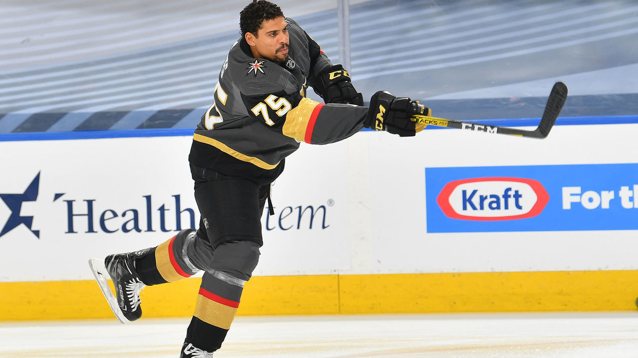 EDMONTON, ALBERTA - AUGUST 11: Ryan Reaves #75 of the Vegas Golden Knights warms up before Game One of the Western Conference First Round of the 2020 NHL Stanley Cup Playoff between the Chicago Blackhawks and the Vegas Golden Knights at Rogers Place on August 11, 2020 in Edmonton, Alberta.