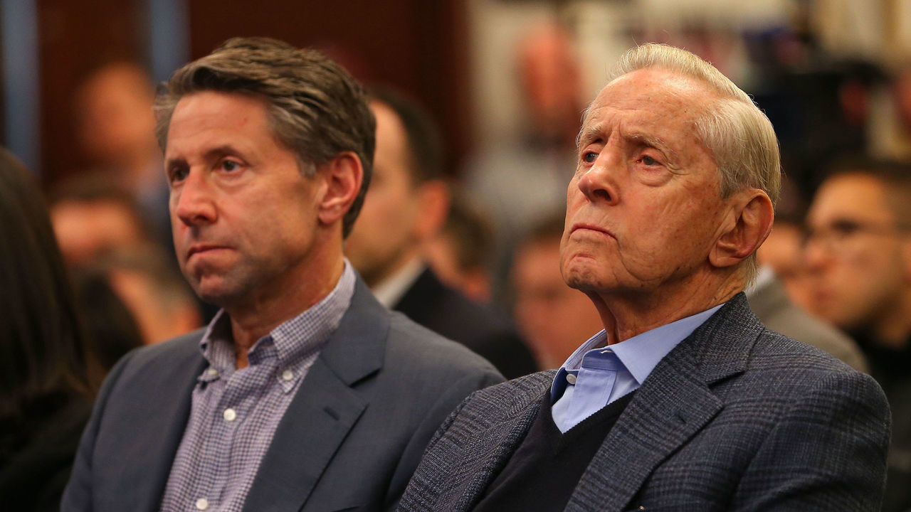 NEW YORK, NY - JANUARY 24: New York Mets Chief Operating Officer Jeff Wilpon and Chairman of the Board & Chief Executive Officer Fred Wilpon listen in as Luis Rojas is introduced as the team's new manager at Citi Field on January 24, 2020 in New York City. Rojas had been the Mets quality control coach and was tapped as a replacement after the newly hired Carlos Beltrán was implicated for his role as a player in 2017 in the Houston Astros sign-stealing scandal.