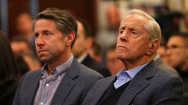 NEW YORK, NY - JANUARY 24: New York Mets Chief Operating Officer Jeff Wilpon and Chairman of the Board & Chief Executive Officer Fred Wilpon listen in as Luis Rojas is introduced as the team's new manager at Citi Field on January 24, 2020 in New York City. Rojas had been the Mets quality control coach and was tapped as a replacement after the newly hired Carlos Beltrán was implicated for his role as a player in 2017 in the Houston Astros sign-stealing scandal.