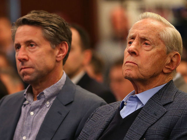 NEW YORK, NY - JANUARY 24: New York Mets Chief Operating Officer Jeff Wilpon and Chairman of the Board & Chief Executive Officer Fred Wilpon listen in as Luis Rojas is introduced as the team's new manager at Citi Field on January 24, 2020 in New York City. Rojas had been the Mets quality control coach and was tapped as a replacement after the newly hired Carlos Beltrán was implicated for his role as a player in 2017 in the Houston Astros sign-stealing scandal.