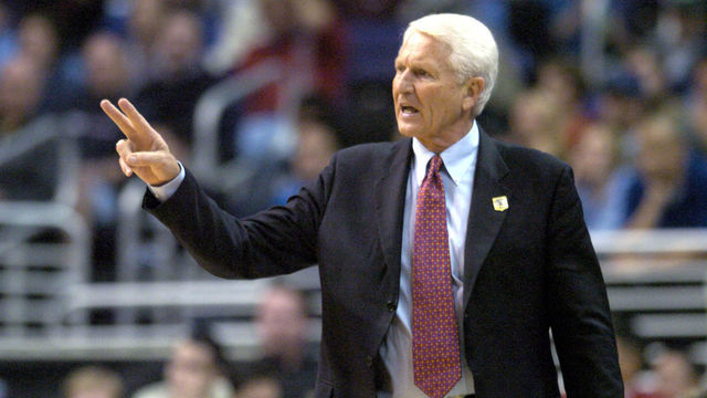 Arizona coach Lute Olson during 90-85 loss to Washington in Pacific-10 Conference men's basketball tournament semifinal at the Staples Center on Friday, March 12, 2004.
