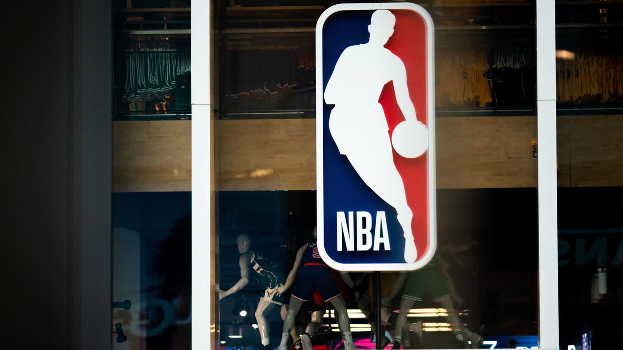 NEW YORK, NY - MARCH 12: An NBA logo is shown at the 5th Avenue NBA store on March 12, 2020 in New York City. The National Basketball Association said they would suspend all games after player Rudy Gobert of the Utah Jazz reportedly tested positive for the Coronavirus (COVID-19).