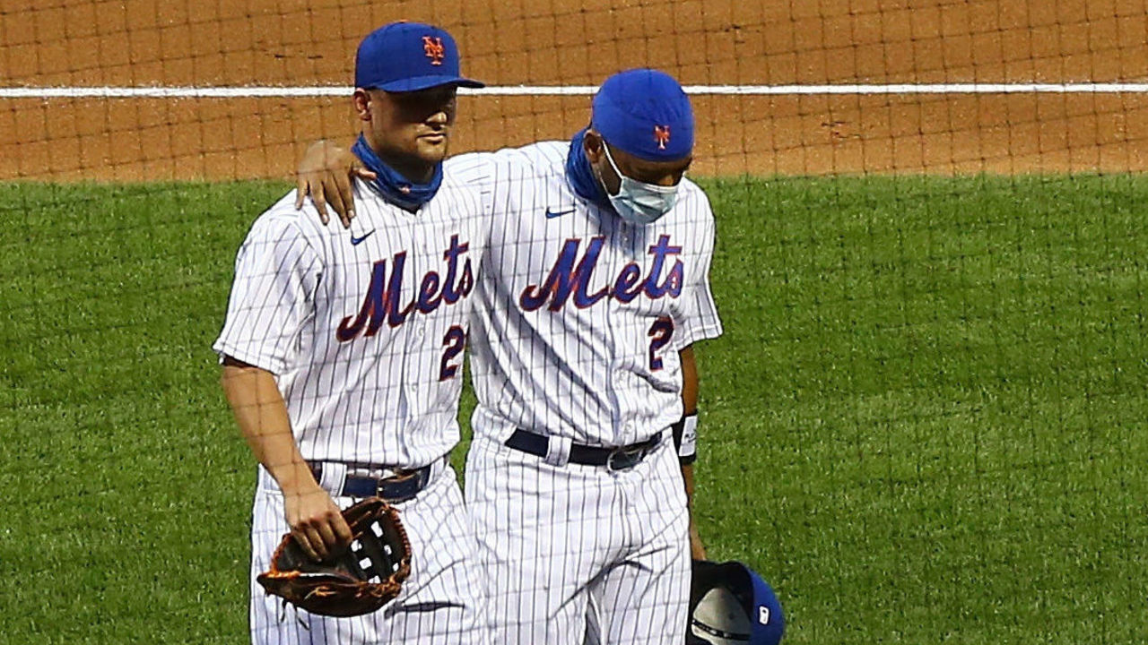 NEW YORK, NEW YORK - AUGUST 27: Dominic Smith #2 and J.D. Davis #28 of the New York Mets walk off the field prior to the start of the game against the Miami Marlins at Citi Field on August 27, 2020 in New York City. Several sporting leagues across the nation are postponing their schedules as players protest the shooting of Jacob Blake by Kenosha, Wisconsin police.