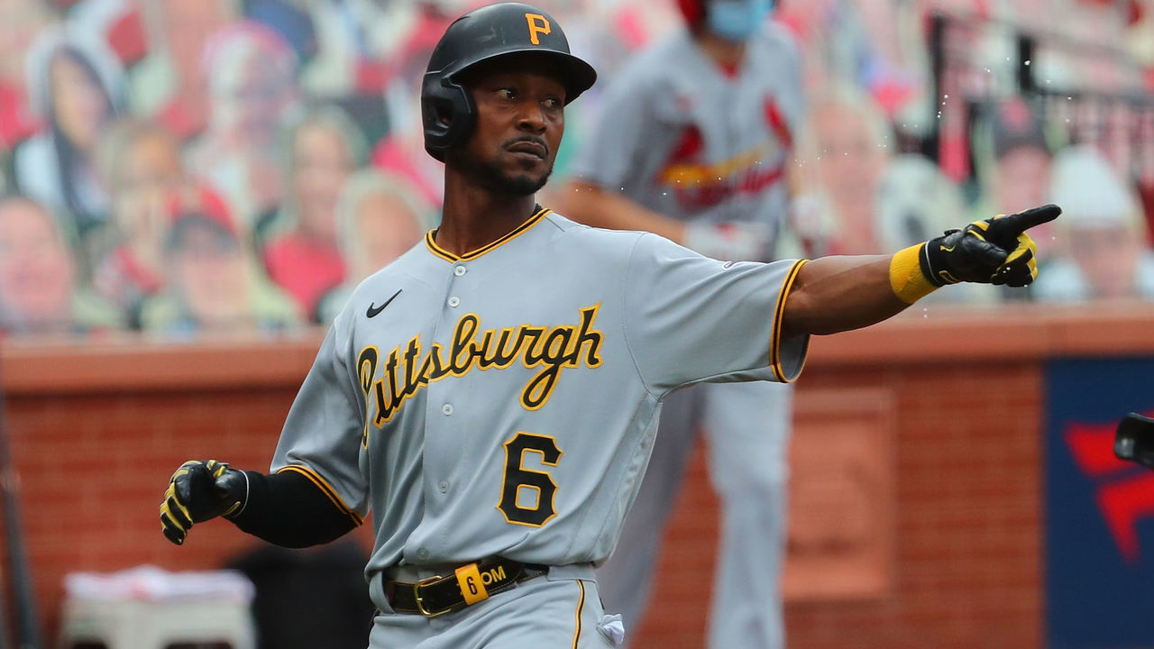 ST LOUIS, MO - AUGUST 27: Jarrod Dyson #6 of the Pittsburgh Pirates points to Cole Tucker #3 of the Pittsburgh Pirates after scoring a run on Tucker's single against the St. Louis Cardinals in the eighth inning at Busch Stadium on August 10, 2020 in St Louis, Missouri.