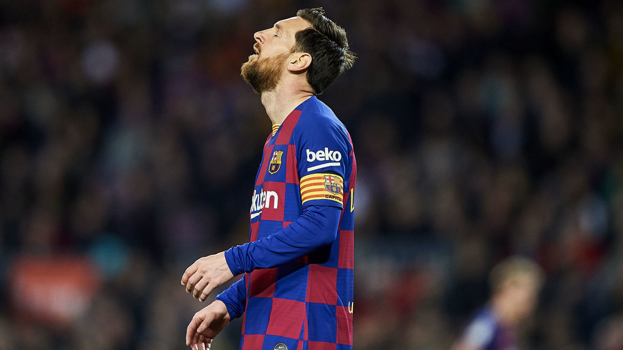 BARCELONA, SPAIN - MARCH 07: Lionel Messi of FC Barcelona reacts during the Liga match between FC Barcelona and Real Sociedad at Camp Nou on March 07, 2020 in Barcelona, Spain.