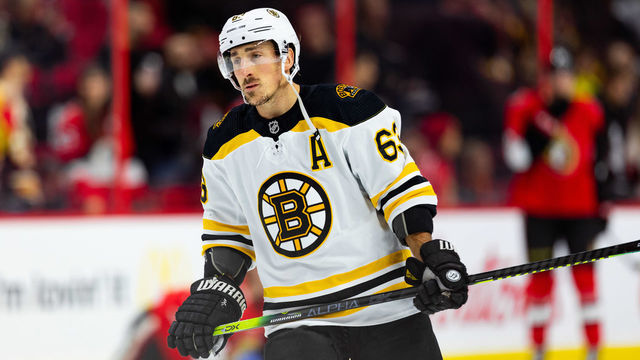 OTTAWA, ON - NOVEMBER 27: Boston Bruins Left Wing Brad Marchand (63) during warm-up before National Hockey League action between the Boston Bruins and Ottawa Senators on November 27, 2019, at Canadian Tire Centre in Ottawa, ON, Canada.