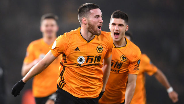WOLVERHAMPTON, ENGLAND - DECEMBER 27: Matt Doherty of Wolverhampton Wanderers celebrates after scoring his sides third goal during the Premier League match between Wolverhampton Wanderers and Manchester City at Molineux on December 27, 2019 in Wolverhampton, United Kingdom.