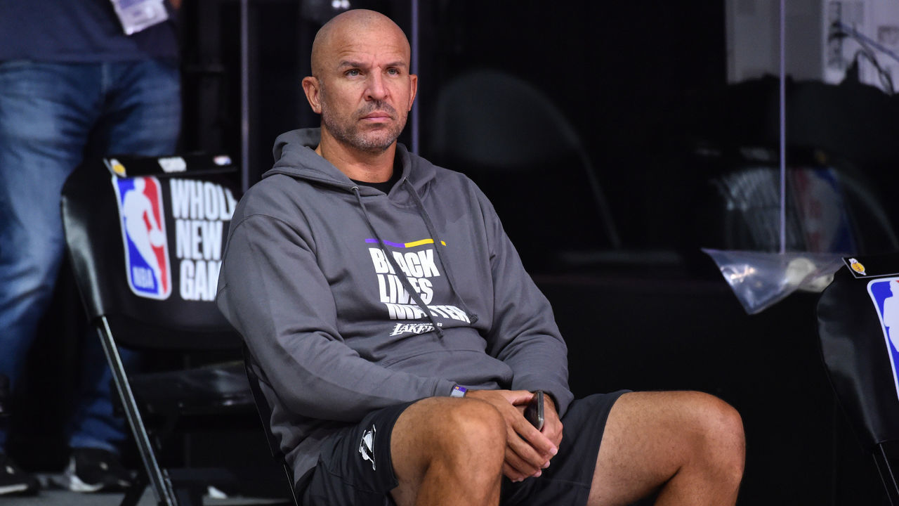 Orlando, FL - JULY 30: Assistant coach Jason Kidd of the Los Angeles Lakers looks on before a game on July 30, 2020 at HP Field House at ESPN Wide World of Sports in Orlando, Florida. NOTE TO USER: User expressly acknowledges and agrees that, by downloading and/or using this Photograph, user is consenting to the terms and conditions of the Getty Images License Agreement. Mandatory Copyright Notice: Copyright 2020 NBAE
