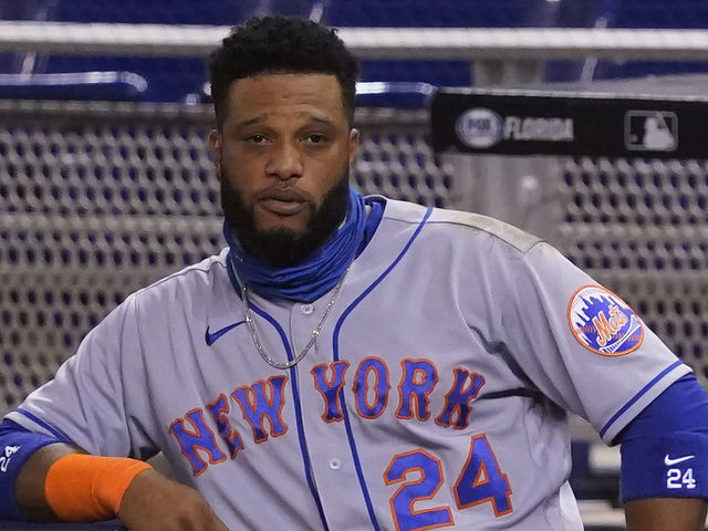 MIAMI, FLORIDA - AUGUST 19: Robinson Cano #24 of the New York Mets looks on during the game against the Miami Marlins at Marlins Park on August 19, 2020 in Miami, Florida.