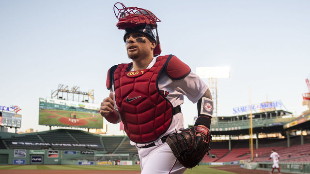 BOSTON, MA - AUGUST 8: Christian Vazquez #7 of the Boston Red Sox runs onto the field before a game against the Toronto Blue Jays on August 8, 2020 at Fenway Park in Boston, Massachusetts.