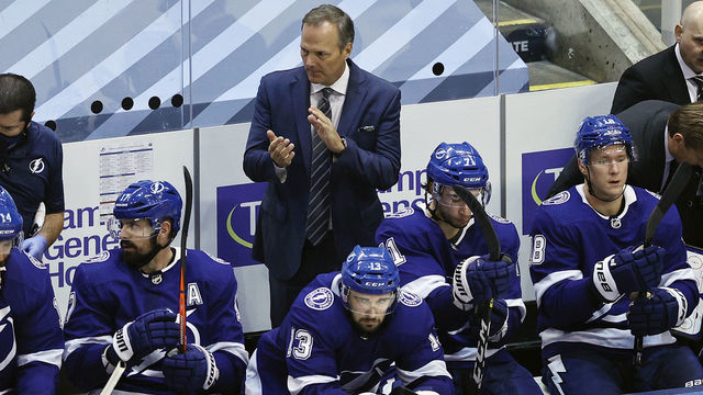 TORONTO, ONTARIO - AUGUST 11: Head coach Jon Cooper of the Tampa Bay Lightning handles bench duties against the Columbus Blue Jackets in Game One of the Eastern Conference First Round during the 2020 NHL Stanley Cup Playoffs at Scotiabank Arena on August 11, 2020 in Toronto, Ontario, Canada.