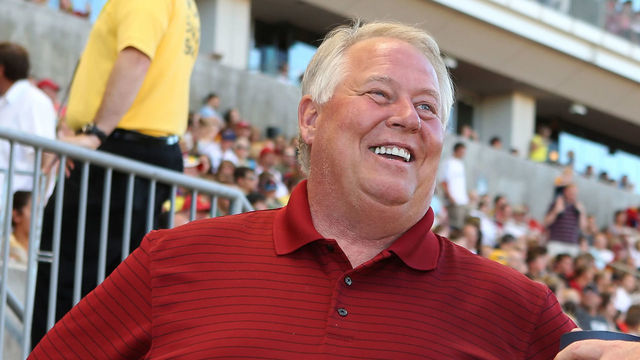 SANDY, UT - JULY 24: Owners of Real Salt Lake Dave Checketts (R) and Dell Loy Hansen (L) talk before a game against Chivas USA at an MLS soccer game July 24, 2010 at Rio Tinto Stadium in Sandy, Utah.