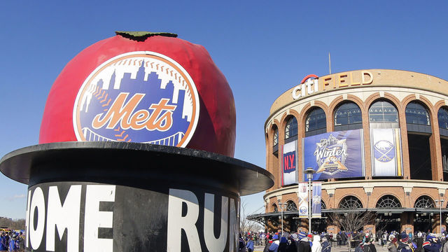 FLUSHING, NY - JANUARY 01: Mets signage and fans outside stadium prior to the New York Rangers and Buffalo Sabres Winter Classic NHL game on January 1, 2018, at Citi Field in Flushing, NY.