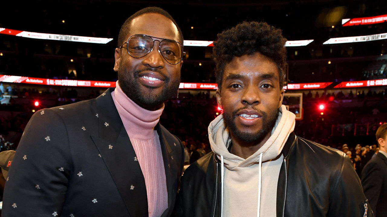 CHICAGO, ILLINOIS - FEBRUARY 15: Dwyane Wade (L) and Chadwick Boseman attend 2020 State Farm All-Star Saturday Night at United Center on February 15, 2020 in Chicago, Illinois.