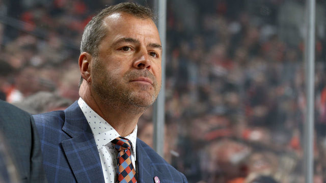 PHILADELPHIA, PA - FEBRUARY 10: Head Coach of the Philadelphia Flyers Alain Vigneault watches the play on the ice against the Florida Panthers on February 10, 2020 at the Wells Fargo Center in Philadelphia, Pennsylvania. (Photo by Len Redkoles/NHLI via Getty Images