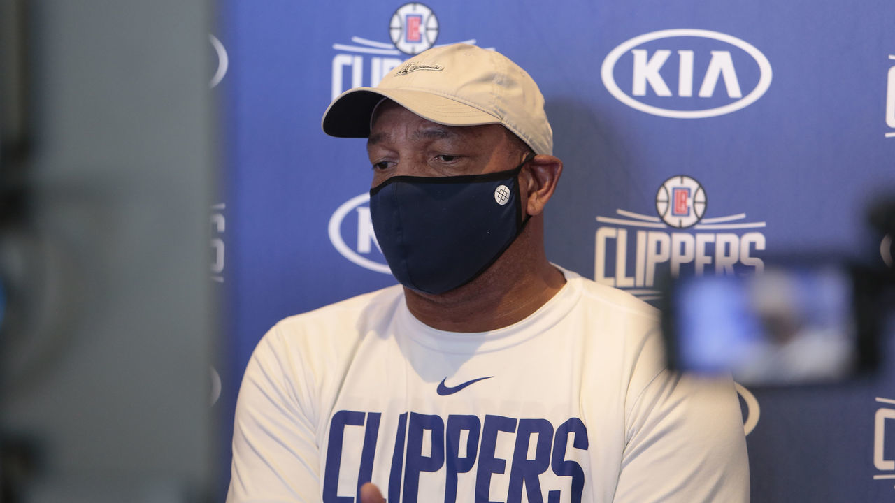ORLANDO, FL - AUGUST 28: Head Coach Doc Rivers of the LA Clippers speaks to the media during practice as part of the NBA Restart 2020 on August 28, 2020 at the hotel in Orlando, Florida. NOTE TO USER: User expressly acknowledges and agrees that, by downloading and/or using this photograph, user is consenting to the terms and conditions of the Getty Images License Agreement. Mandatory Copyright Notice: Copyright 2020 NBAE